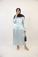 Sahab- Elegant Satin Modest blouse skirt paired with detachable belt-Quenched Blue