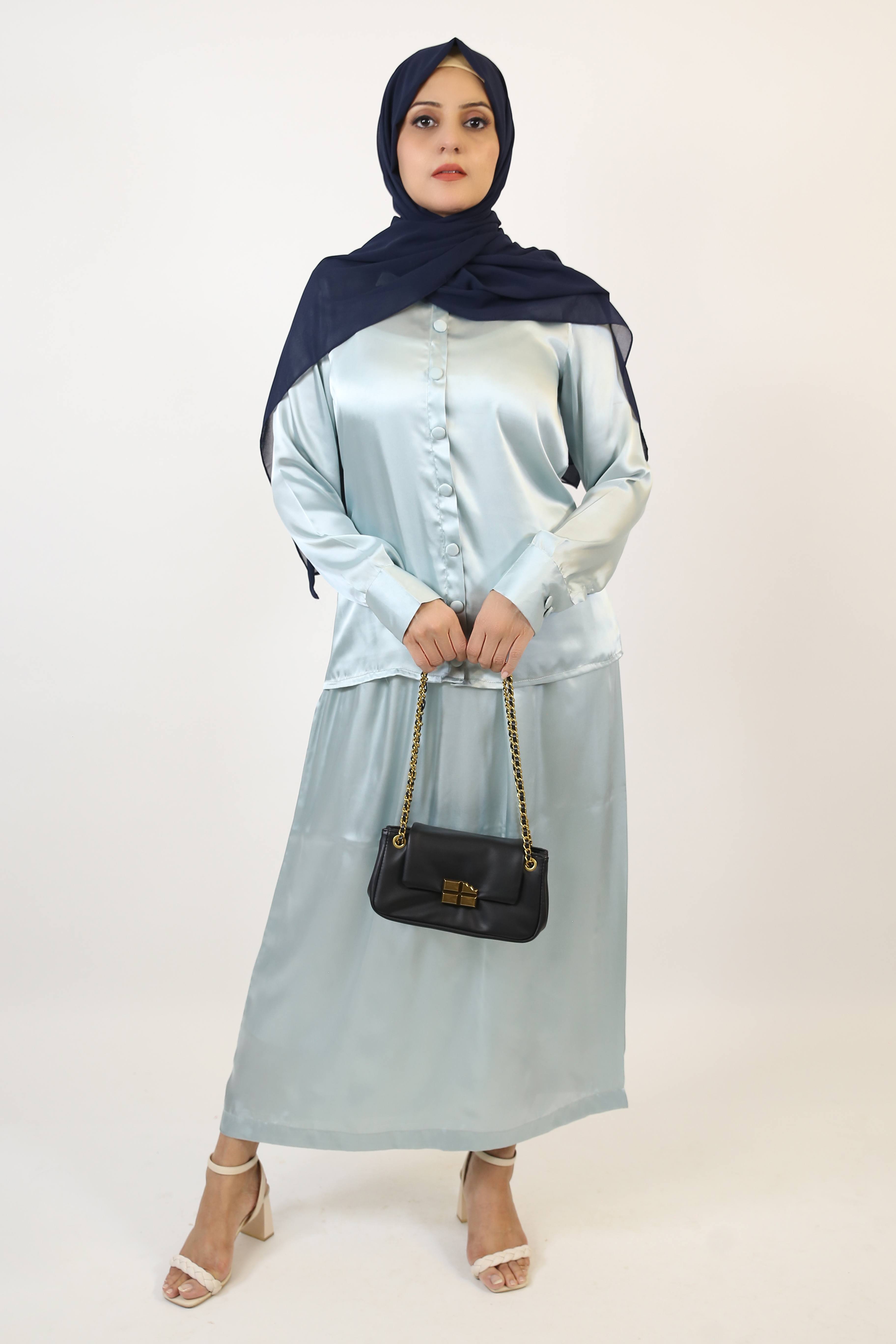 Sahab- Elegant Satin Modest blouse skirt paired with detachable belt-Quenched Blue