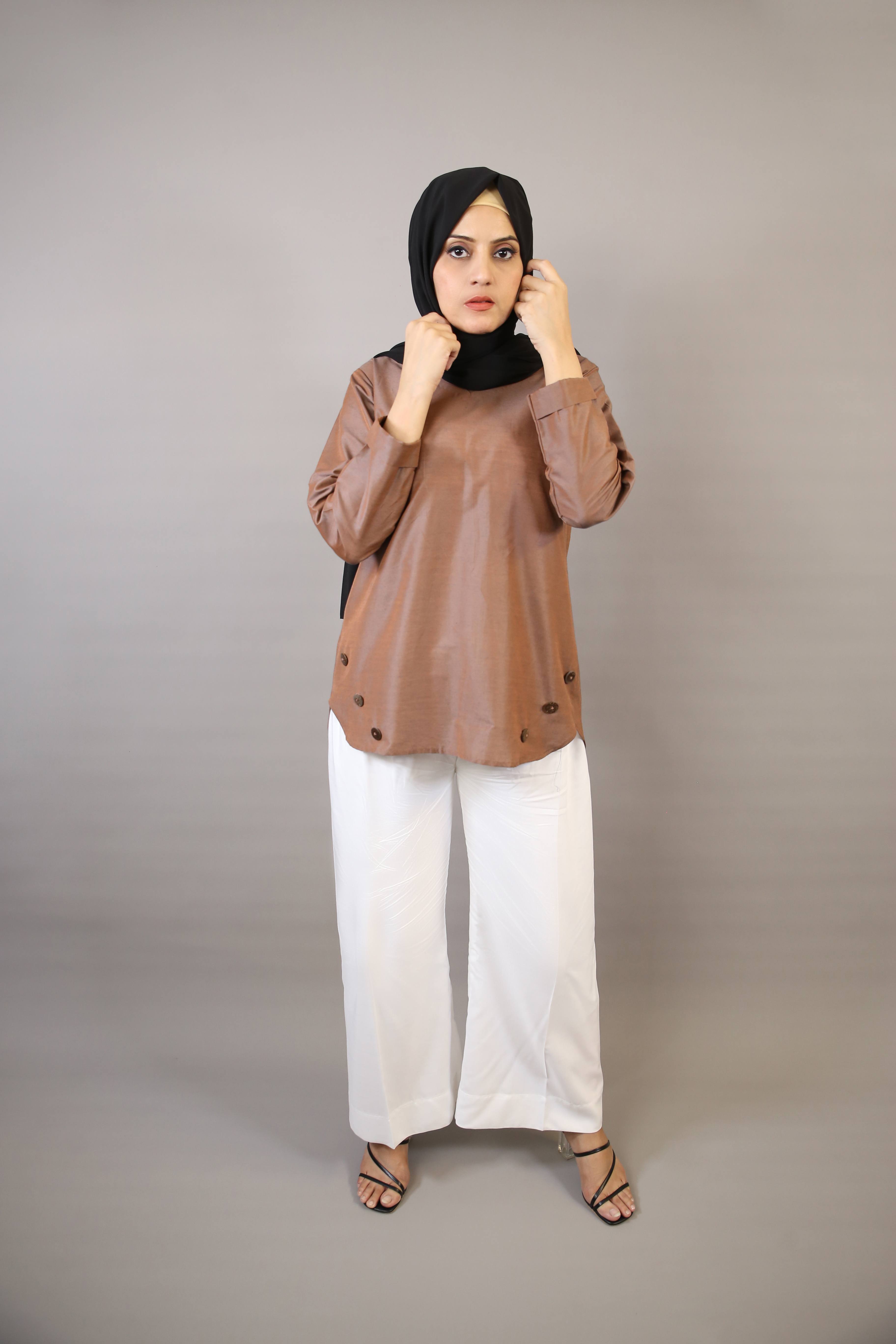 Asmar- Charming modest organza casual shirt with buttoned hem- Rust Brown