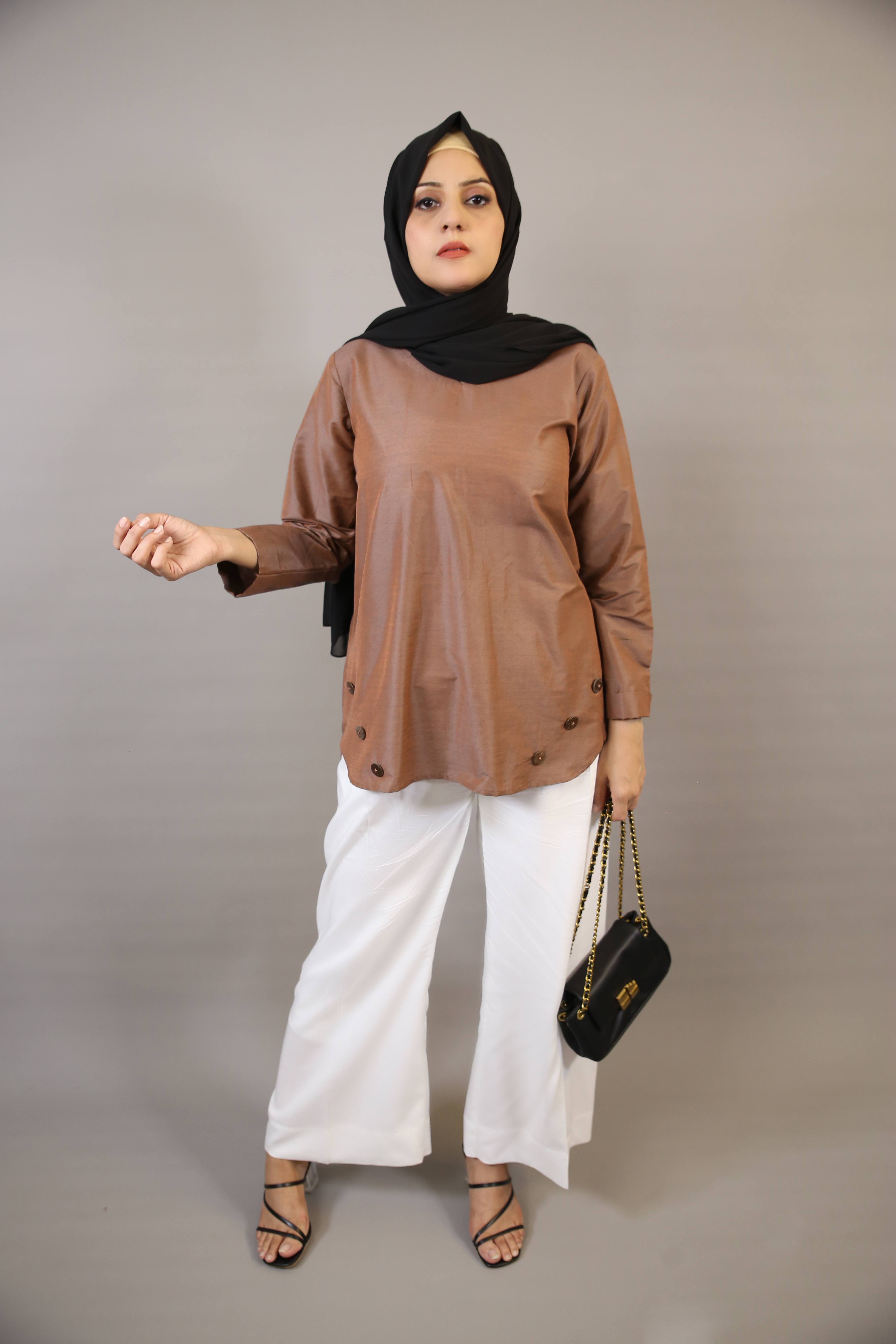 Asmar- Charming modest organza casual shirt with buttoned hem- Rust Brown