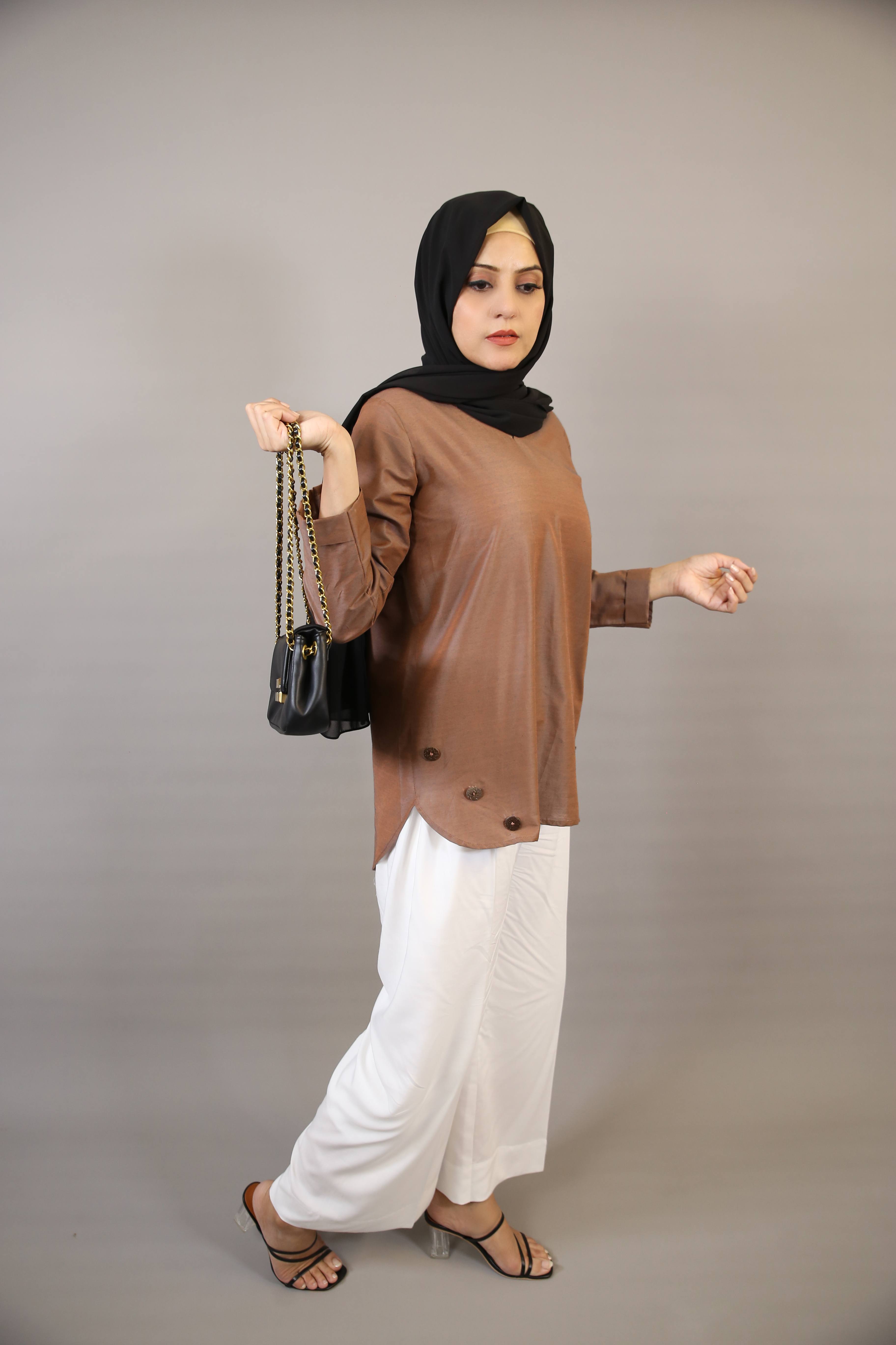 Asmar- Charming modest organza casual shirt with buttoned hem- Rust Brown