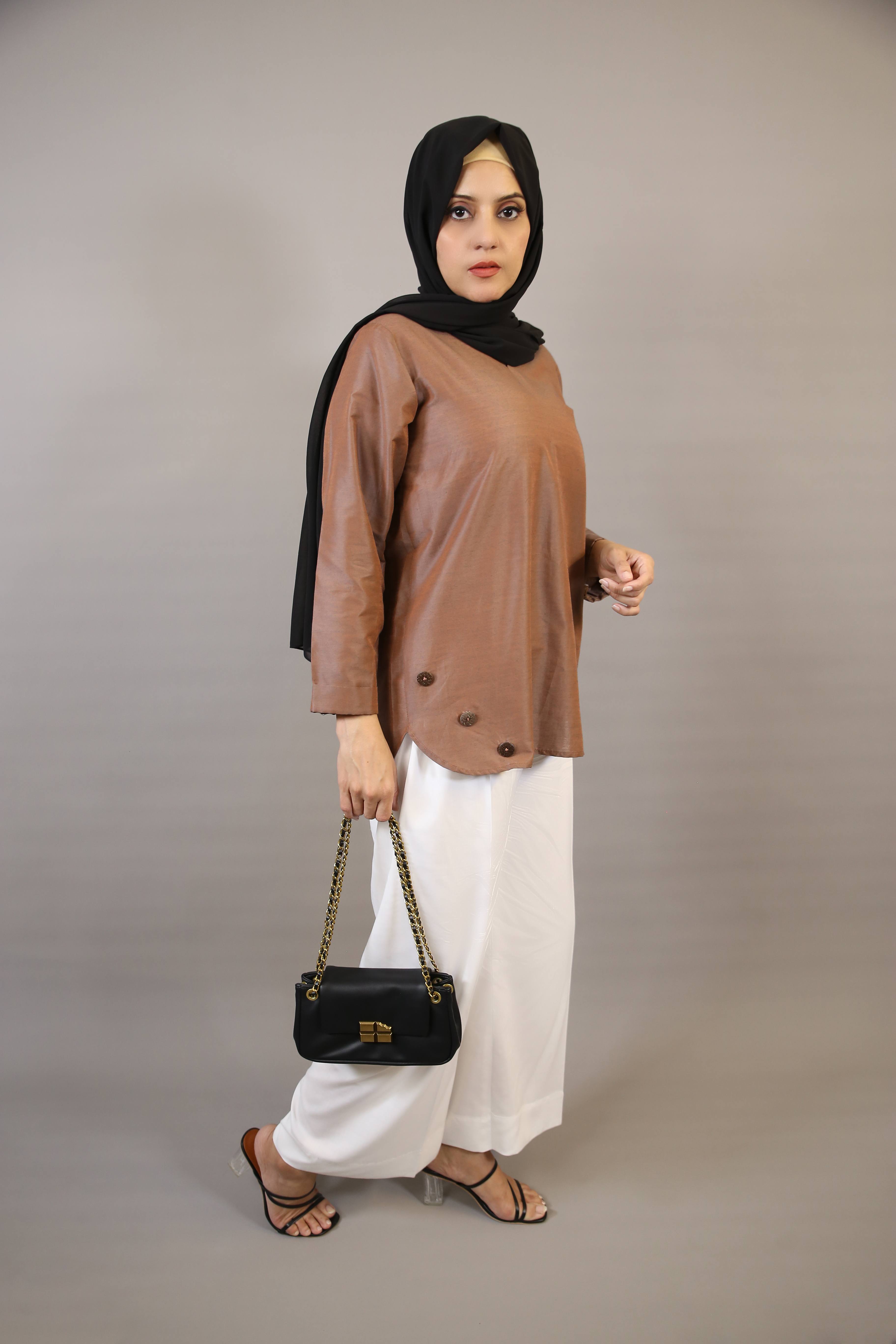 Asmar- Charming modest organza casual shirt with buttoned hem- Rust Brown