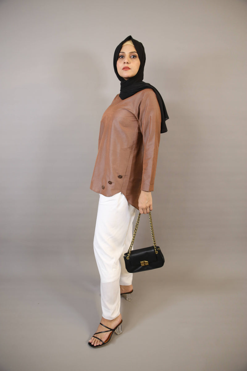 Asmar- Charming modest organza casual shirt with buttoned hem- Rust Brown