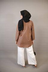 Asmar- Charming modest organza casual shirt with buttoned hem- Rust Brown