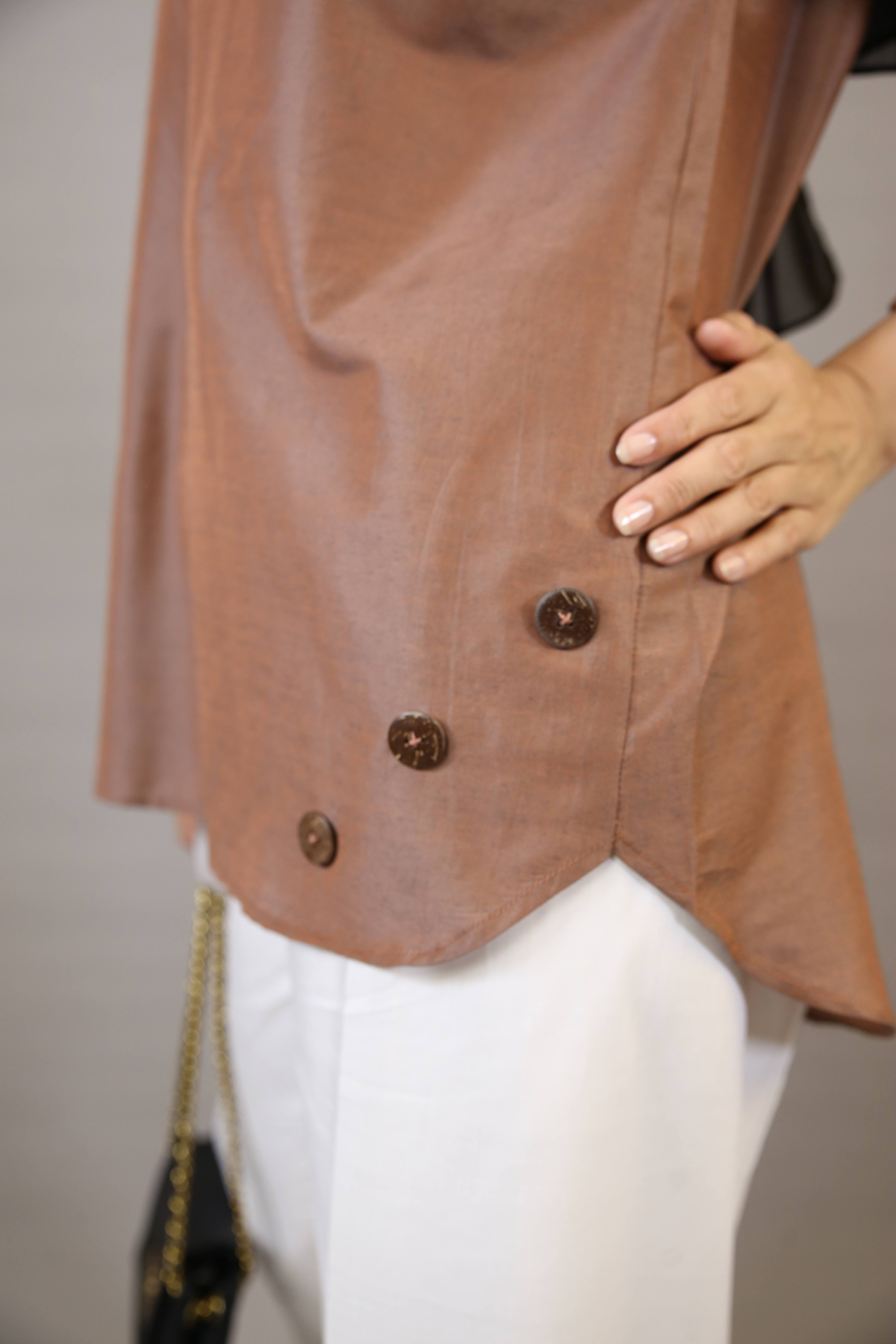 Asmar- Charming modest organza casual shirt with buttoned hem- Rust Brown