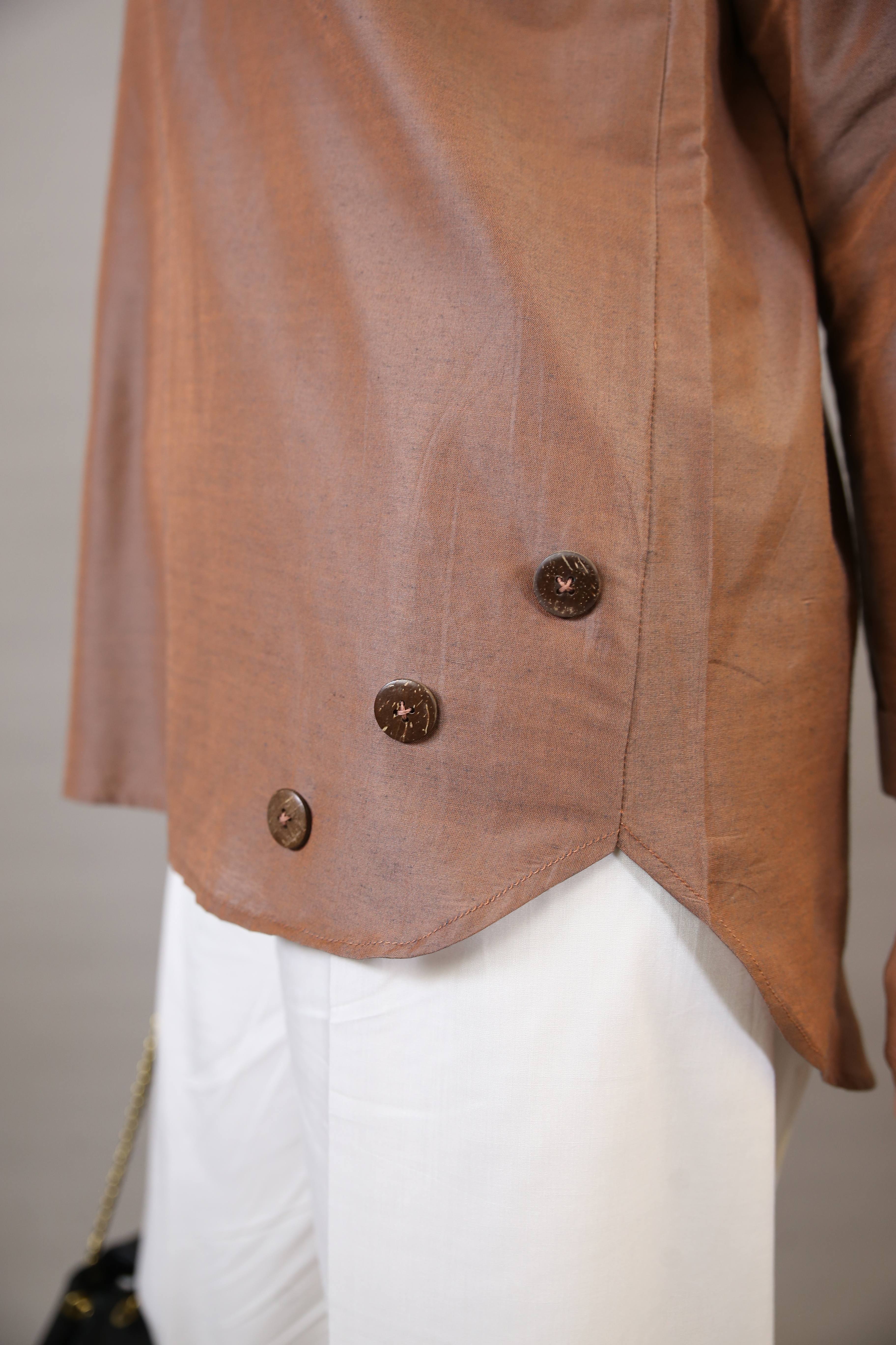 Asmar- Charming modest organza casual shirt with buttoned hem- Rust Brown