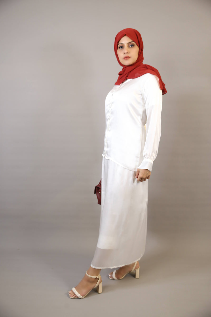 Jawhar- Chic Satin two piece blouse skirt modest set with detachable belt - Pearl White
