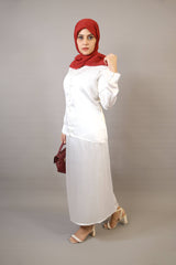 Jawhar- Chic Satin two piece blouse skirt modest set with detachable belt - Pearl White