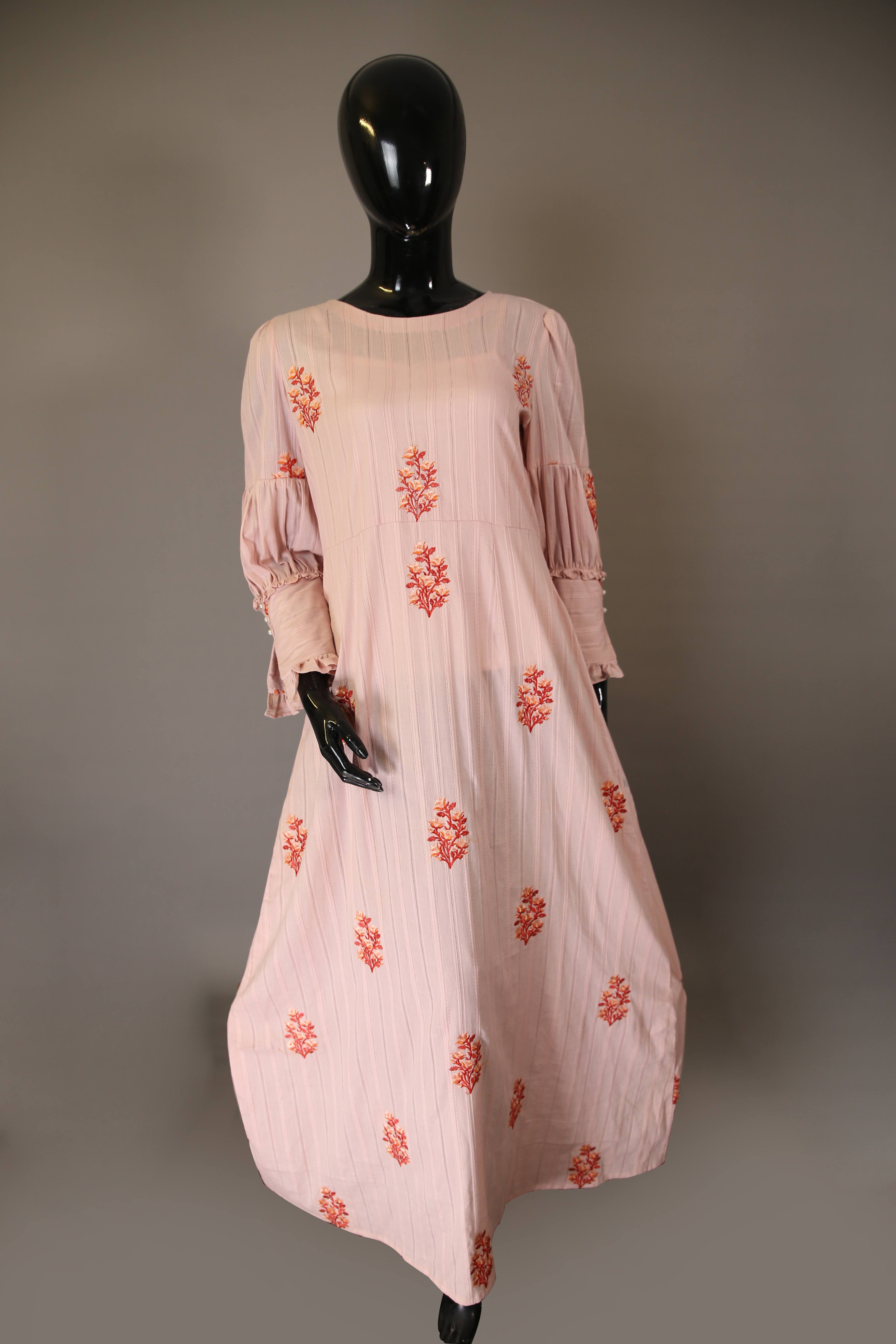 Daffodils- Enchanting Cotton embroidered maxi dress with cuffed sleeves detailing