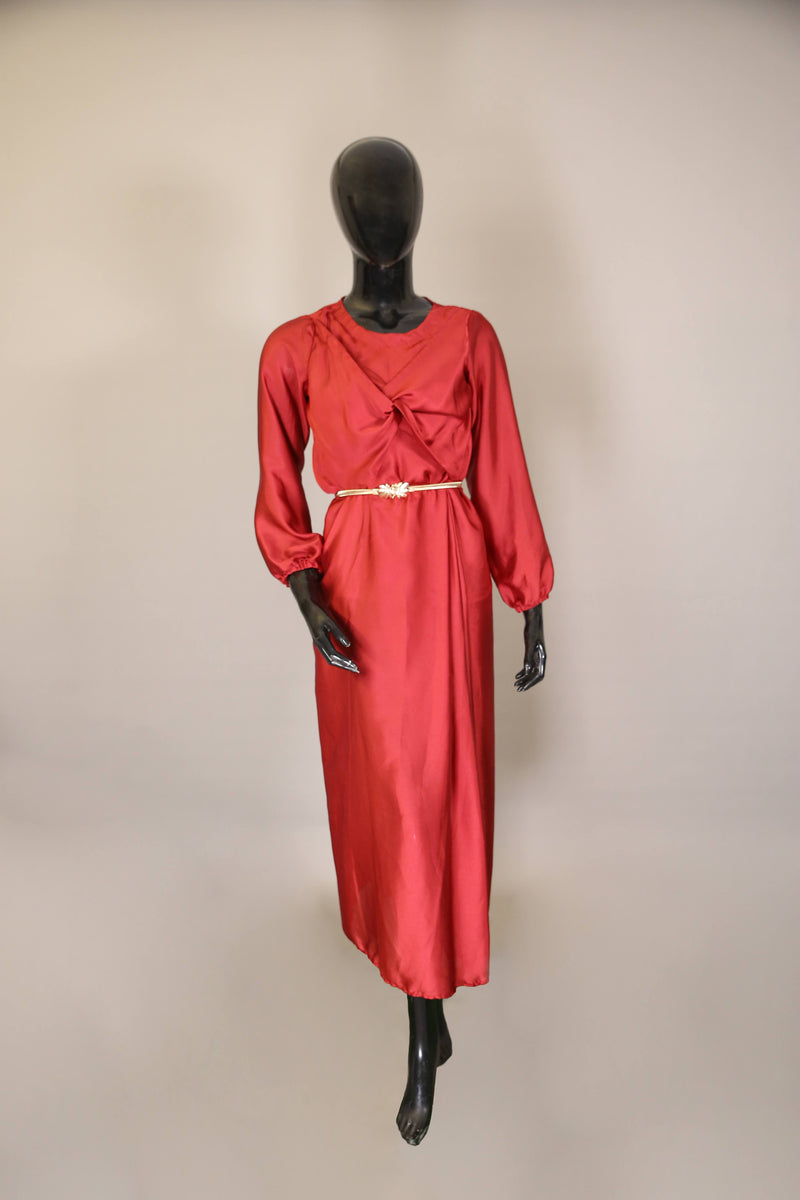 Orchid- Stunning Satin maxi dress with front knot detailing and belt embellishment- Blood red