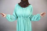 Tufaha- Youthful no sheer maxi dress with smocking belt and balloon sleeve- Leaf Green
