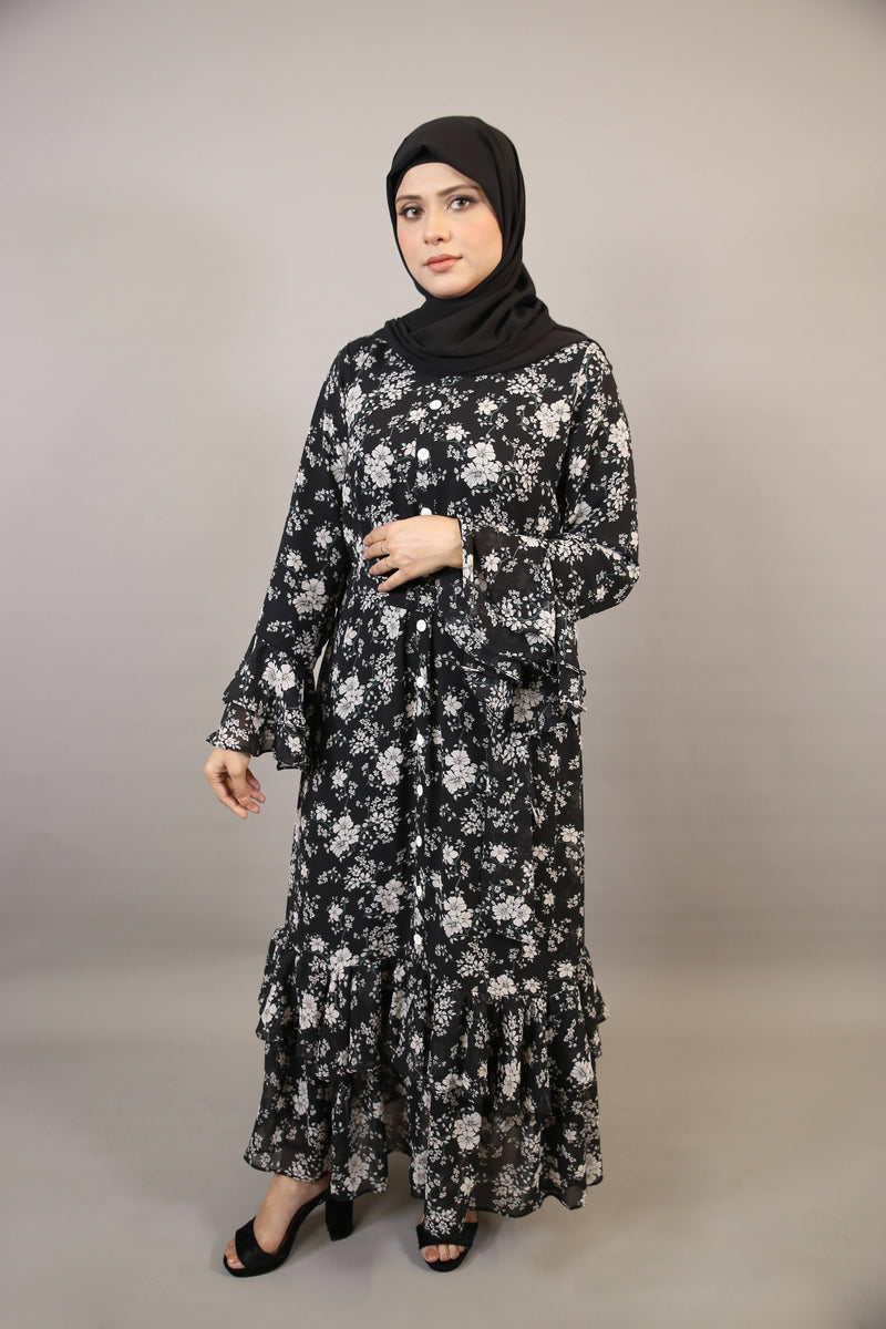 Najam- Graceful Chiffon lined Black and White floral printed maxi dress with fish cut design and layered sleeves with matching belt