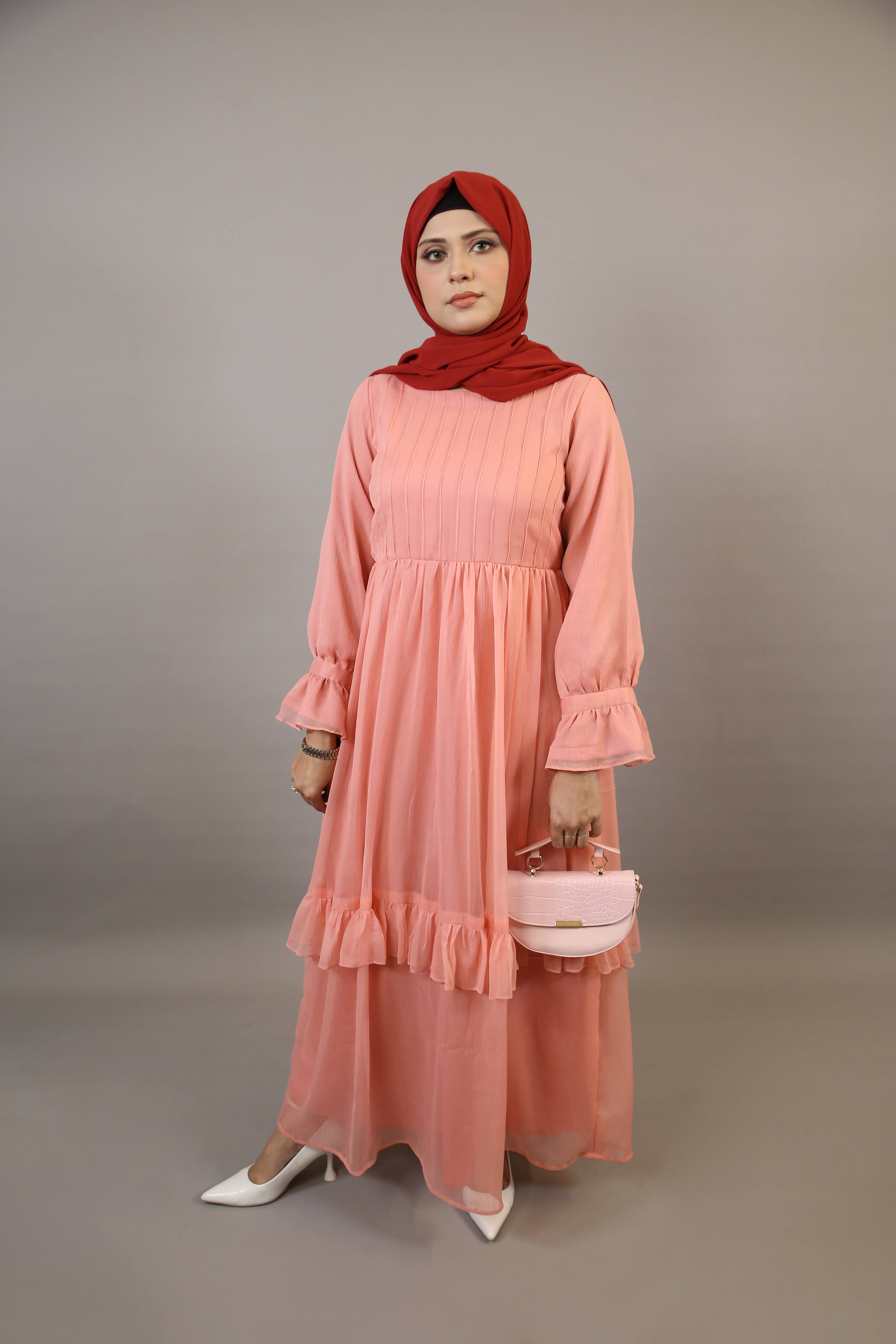 Peonya- Charming Chiffon lined maxi dress with pintucks front and ruffled hem- Blush Pink