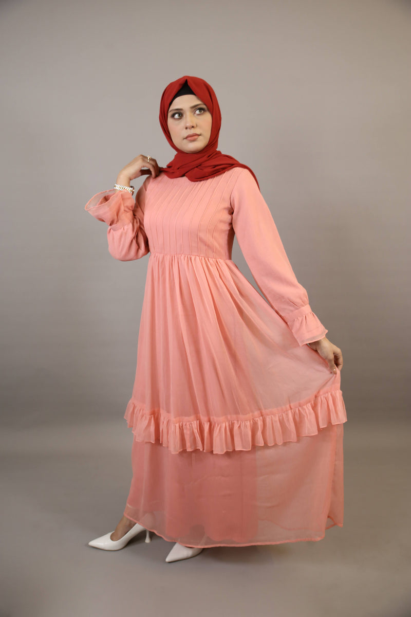 Peonya- Charming Chiffon lined maxi dress with pintucks front and ruffled hem- Blush Pink
