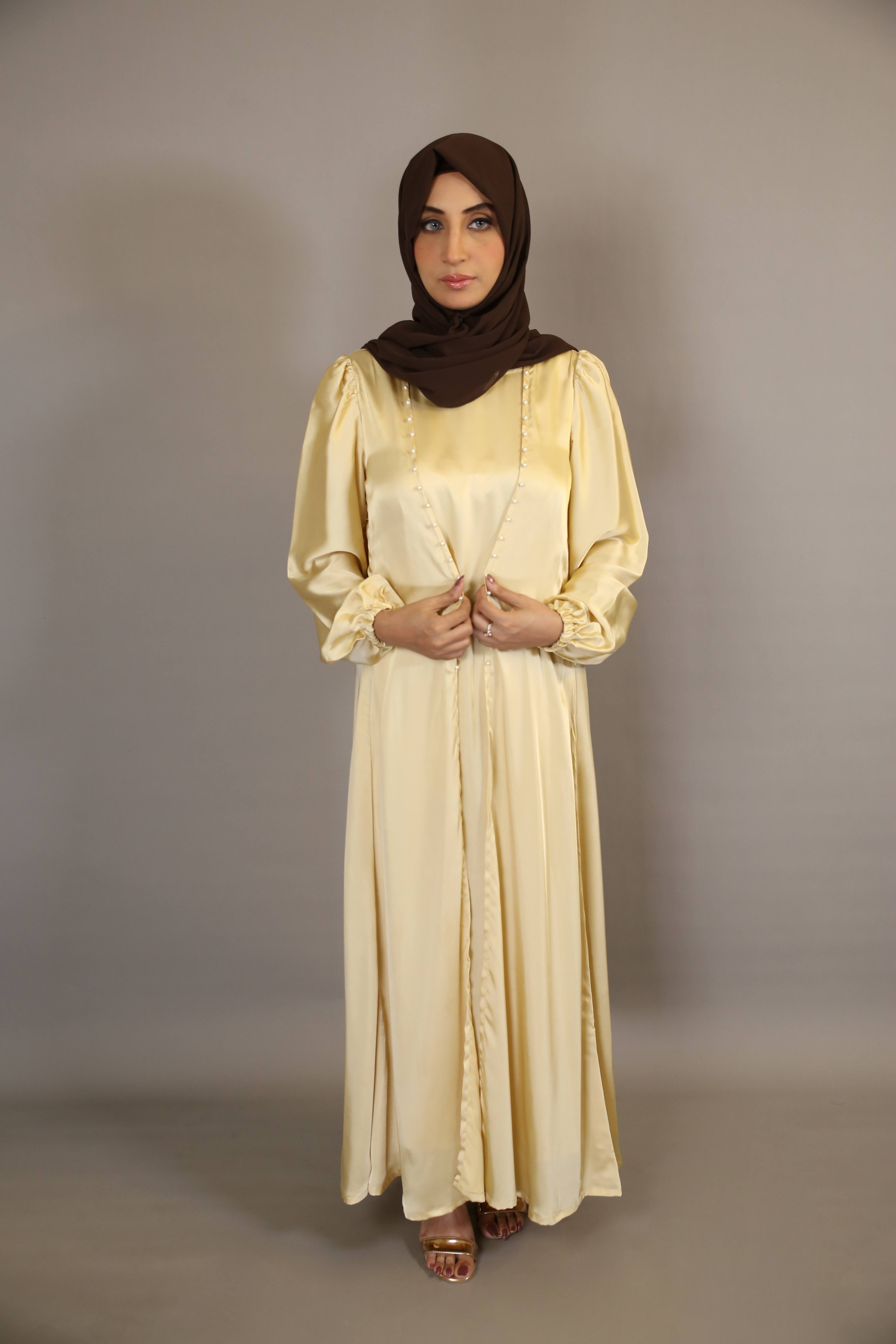 Asfar- Enchanting Satin throw over abaya with faux pearl detailing with identical inner slip dress- Pale Yellow