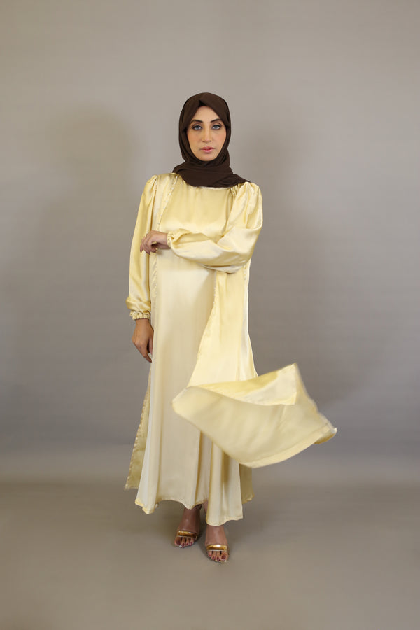 Asfar- Enchanting Satin throw over abaya with faux pearl detailing with identical inner slip dress- Pale Yellow
