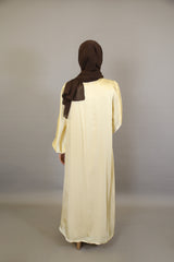 Asfar- Enchanting Satin throw over abaya with faux pearl detailing with identical inner slip dress- Pale Yellow