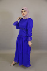 Tarf- Stunning Chiffon lined maxi dress with laced waist and tiered hem with cuffed sleeves- Royal Blue