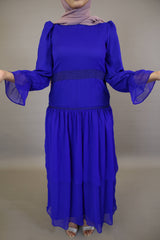 Tarf- Stunning Chiffon lined maxi dress with laced waist and tiered hem with cuffed sleeves- Royal Blue