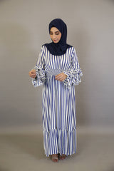 Zarkaa- Gorgeous Linen blue line printed maxi dress with tiered sleeves and pleated waist.