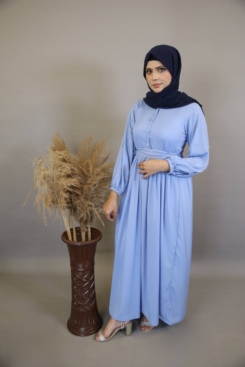 Mureeh- Stunning wrinkle free maxi dress with faux pearl on sleeves and back tie belt- Azure Blue