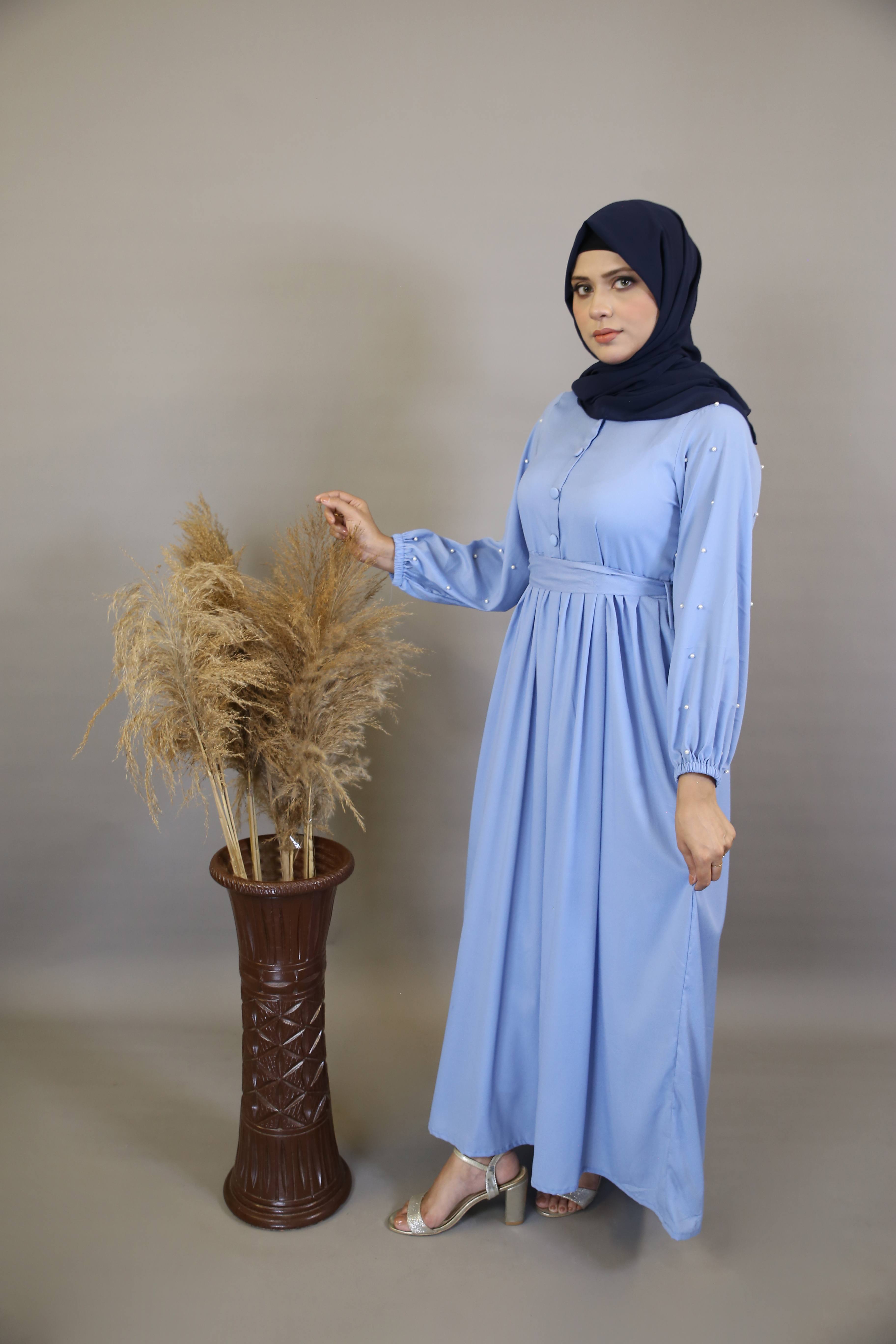 Mureeh- Stunning wrinkle free maxi dress with faux pearl on sleeves and back tie belt- Azure Blue