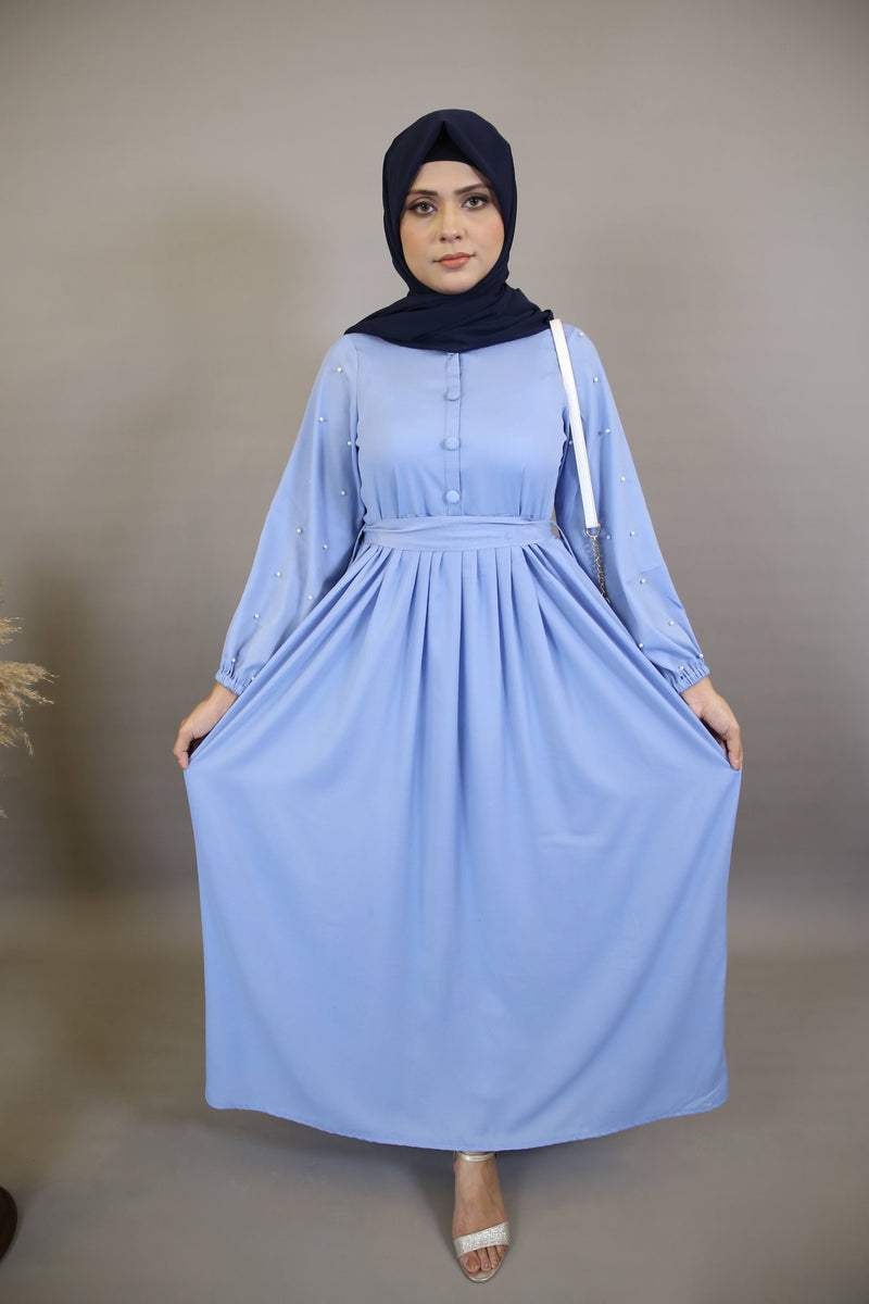 Mureeh- Stunning wrinkle free maxi dress with faux pearl on sleeves and back tie belt- Azure Blue