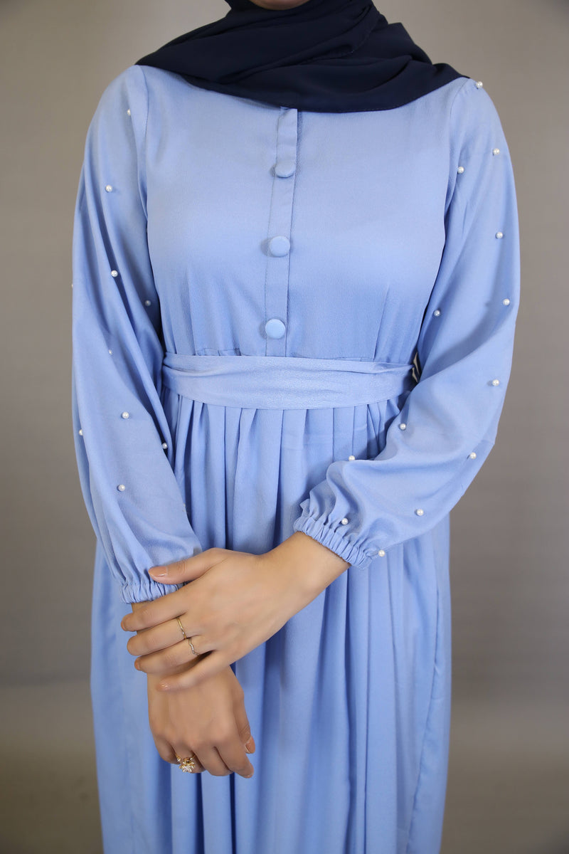 Mommy & Me ✨ Mureeh- Stunning wrinkle free maxi dress with faux pearl on sleeves and back tie belt- Azure Blue