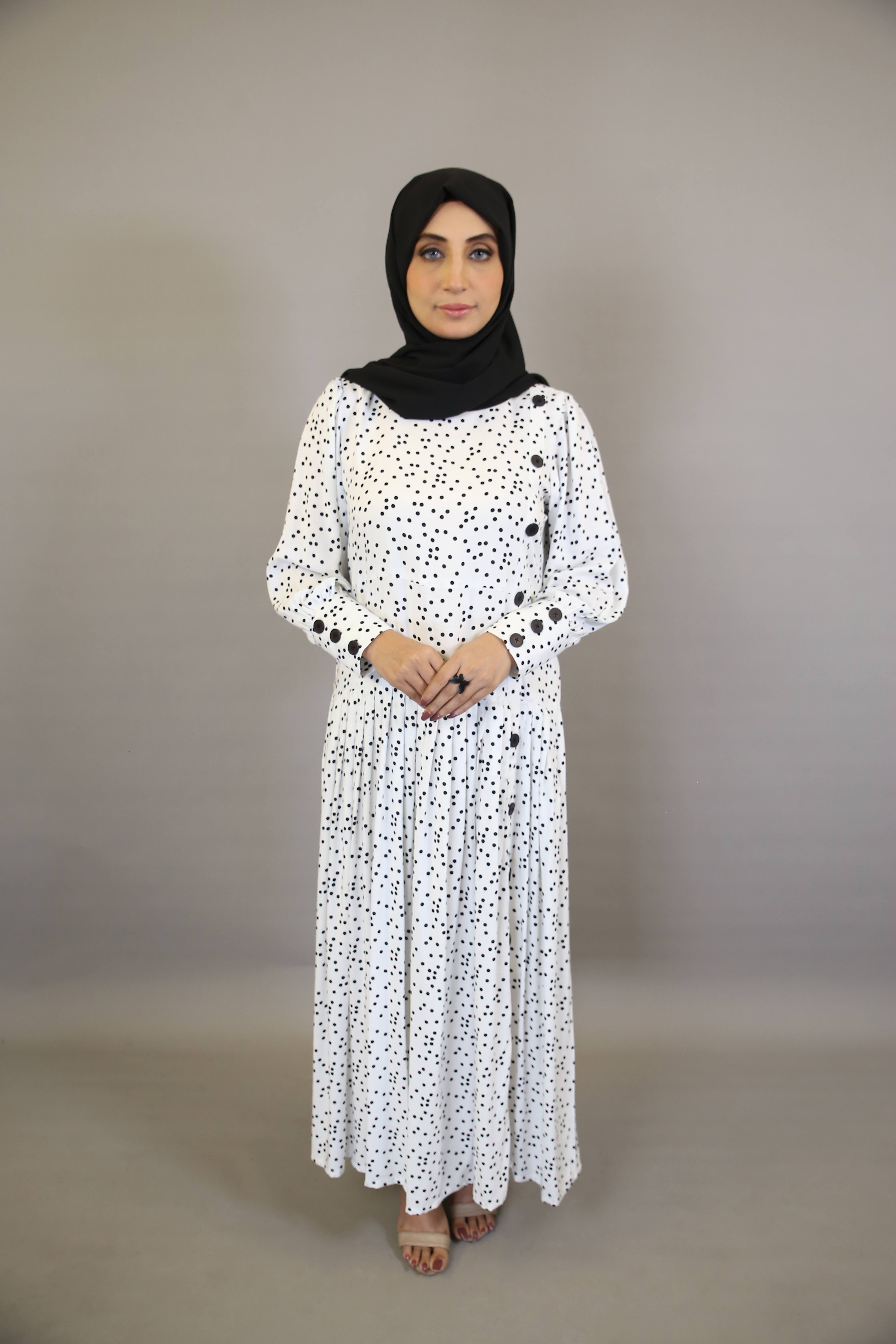 Nuqta- Stunning Linen polka dot printed maxi dress with top down buttoned and cuffed sleeves