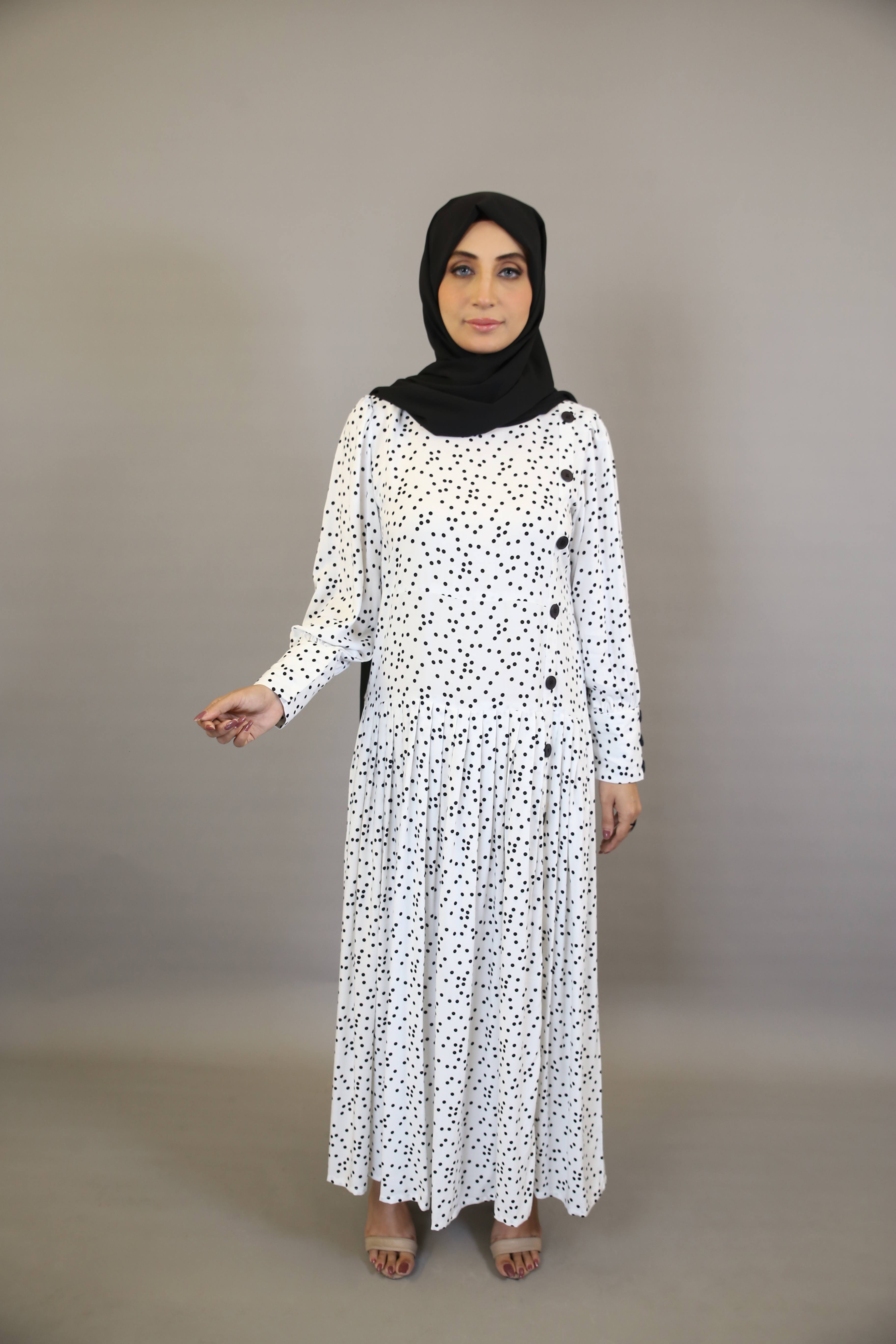 Nuqta- Stunning Linen polka dot printed maxi dress with top down buttoned and cuffed sleeves