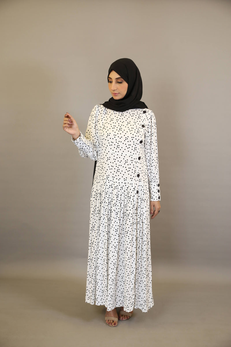 Nuqta- Stunning Linen polka dot printed maxi dress with top down buttoned and cuffed sleeves