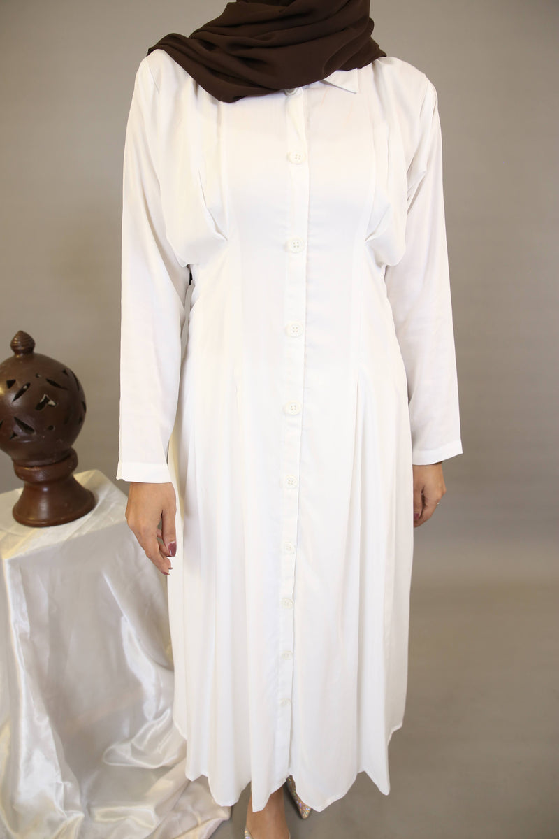 Luluah- Splendid Linen pleated maxi dress with top down buttons- White