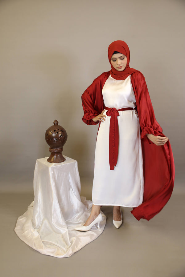 Shafah- Enchanting Satin throw over abaya with matching belt and puffed sleeves with white inner slip dress- Scarlet Red
