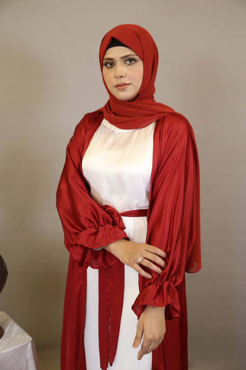Shafah- Enchanting Satin throw over abaya with matching belt and puffed sleeves with white inner slip dress- Scarlet Red