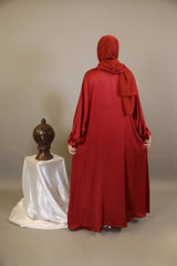 Shafah- Enchanting Satin throw over abaya with matching belt and puffed sleeves with white inner slip dress- Scarlet Red
