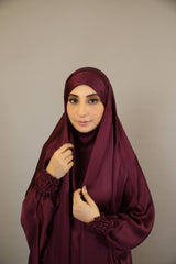 Taharah- Luxurious two piece prayers set khimar style with ribbed sleeves and skirt- Plum Purple