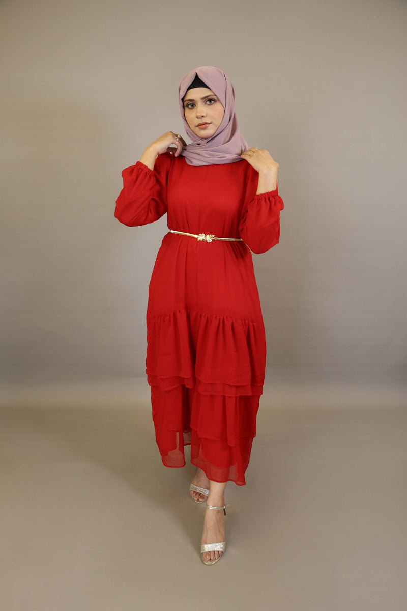 Salama- Mesmerizing Chiffon lined maxi dress with ruffled tiered and belt embellishment- Candy Red