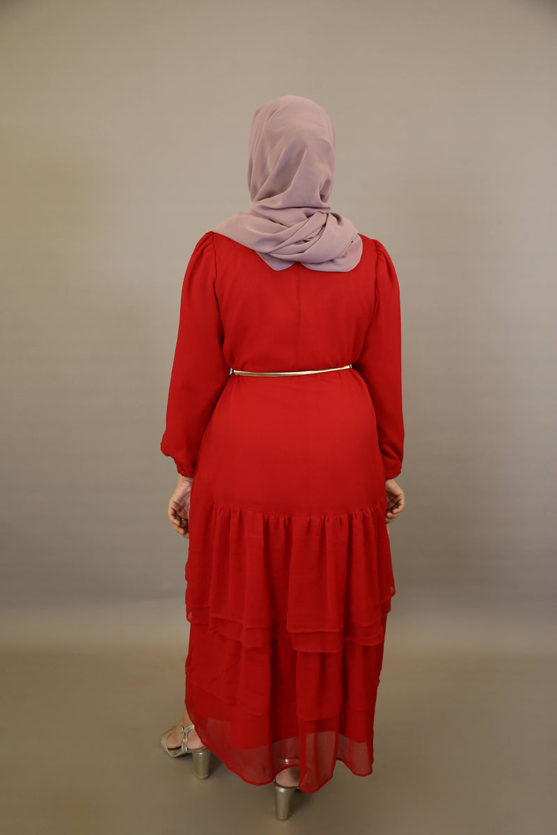 Salama- Mesmerizing Chiffon lined maxi dress with ruffled tiered and belt embellishment- Candy Red