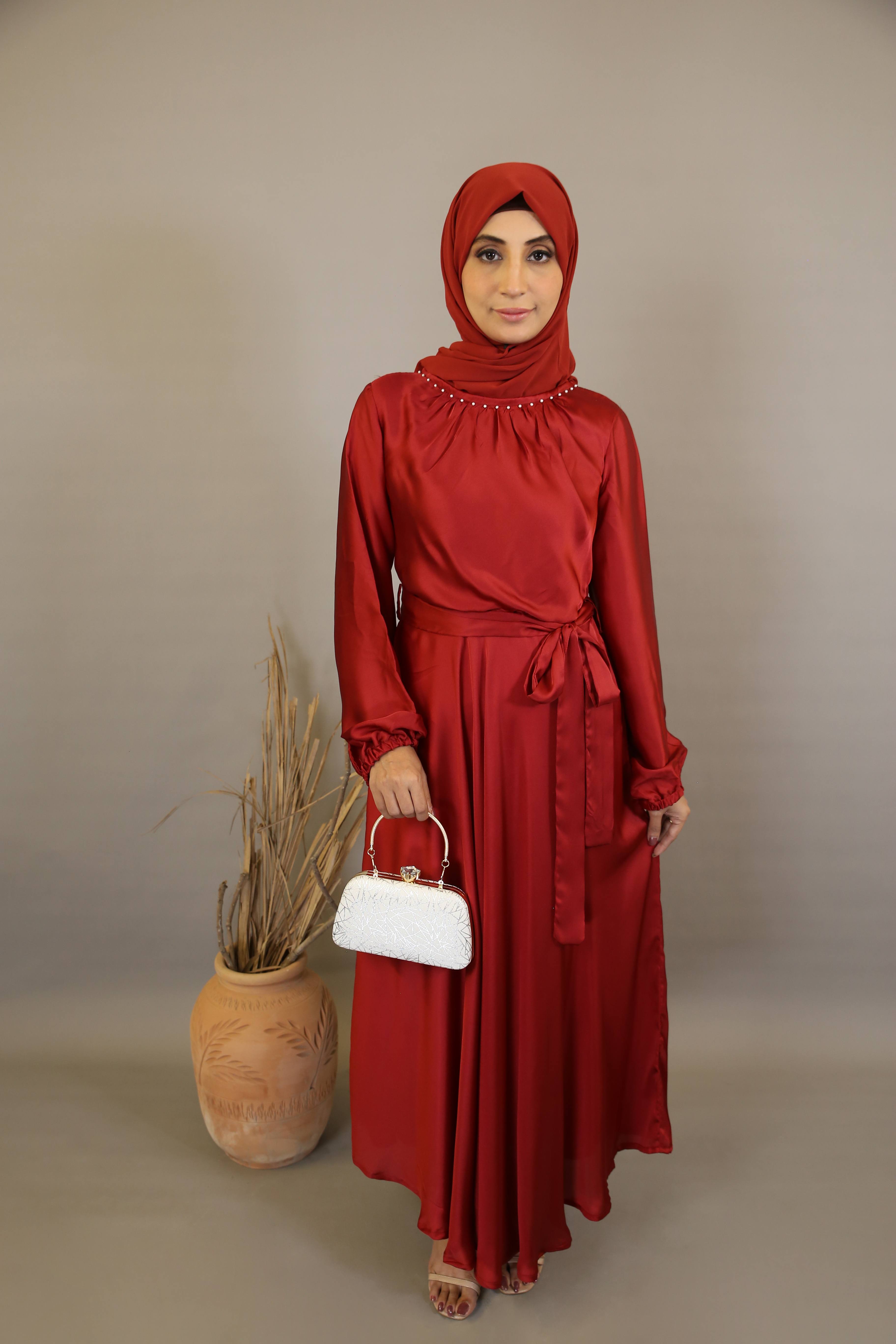 Naqaa- Glorious Satin maxi dress with faux pearls detailing and belt- Cherry Red