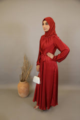 Naqaa- Glorious Satin maxi dress with faux pearls detailing and belt- Cherry Red