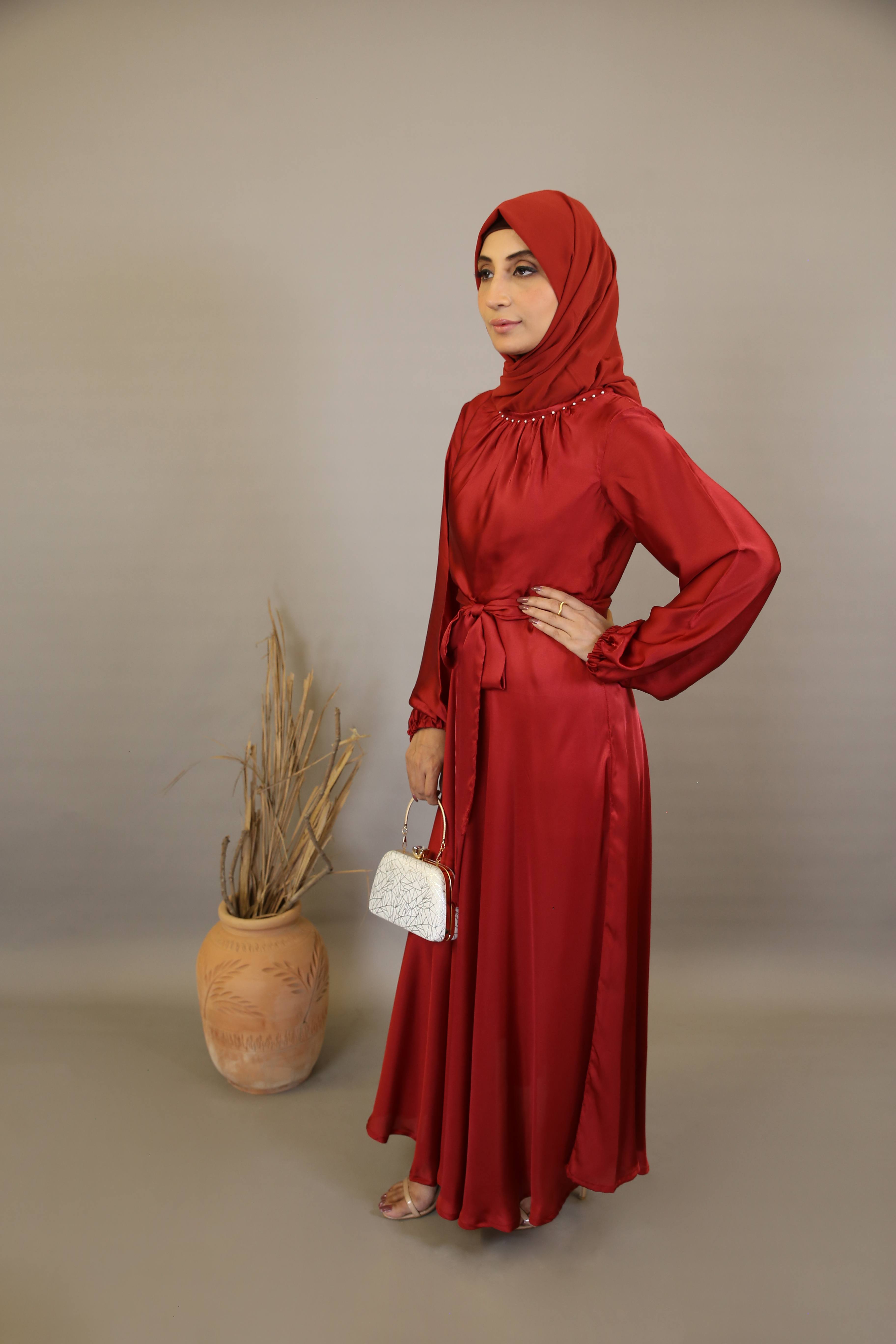 Mommy & Me ✨ Naqaa- Glorious Satin maxi dress with faux pearls detailing and belt- Cherry Red