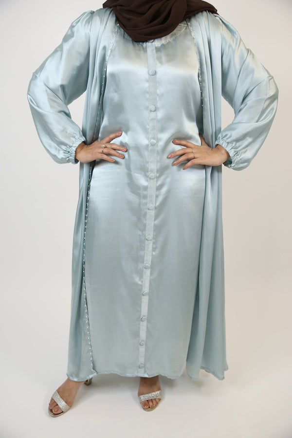 Baraa- Splendid Satin throw over abaya with faux pearls detailing and button down inner slip dress- Ice Blue