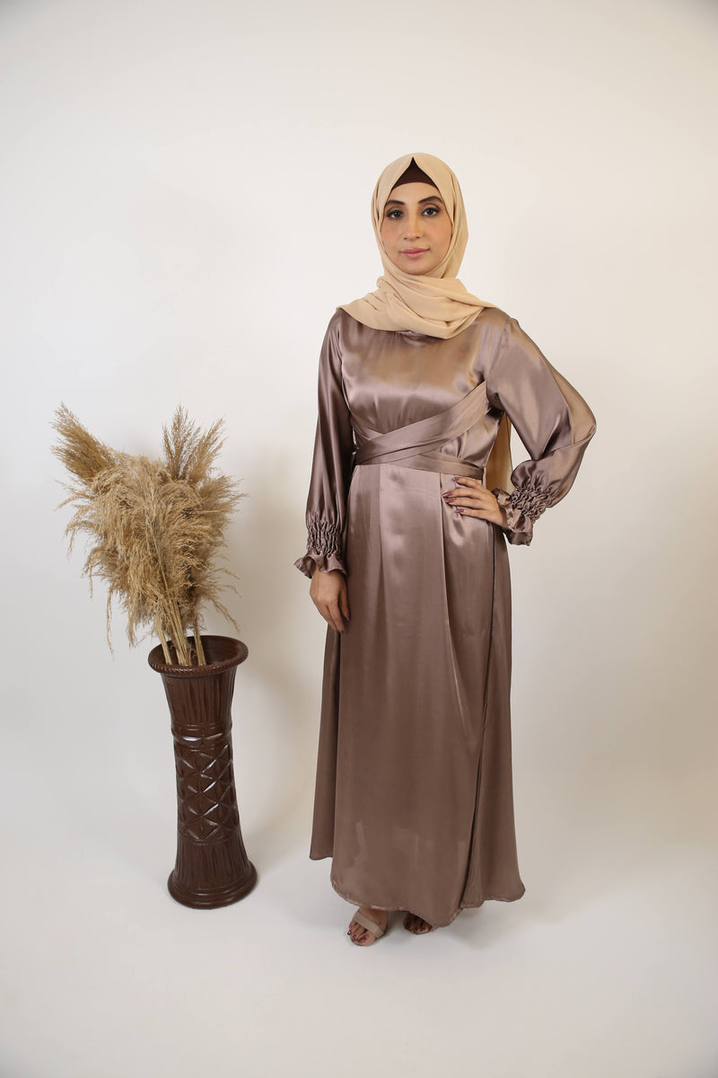 Amlass- Stunning Satin maxi dress with wrap around belt and ribbed sleeves- Earthy Beige
