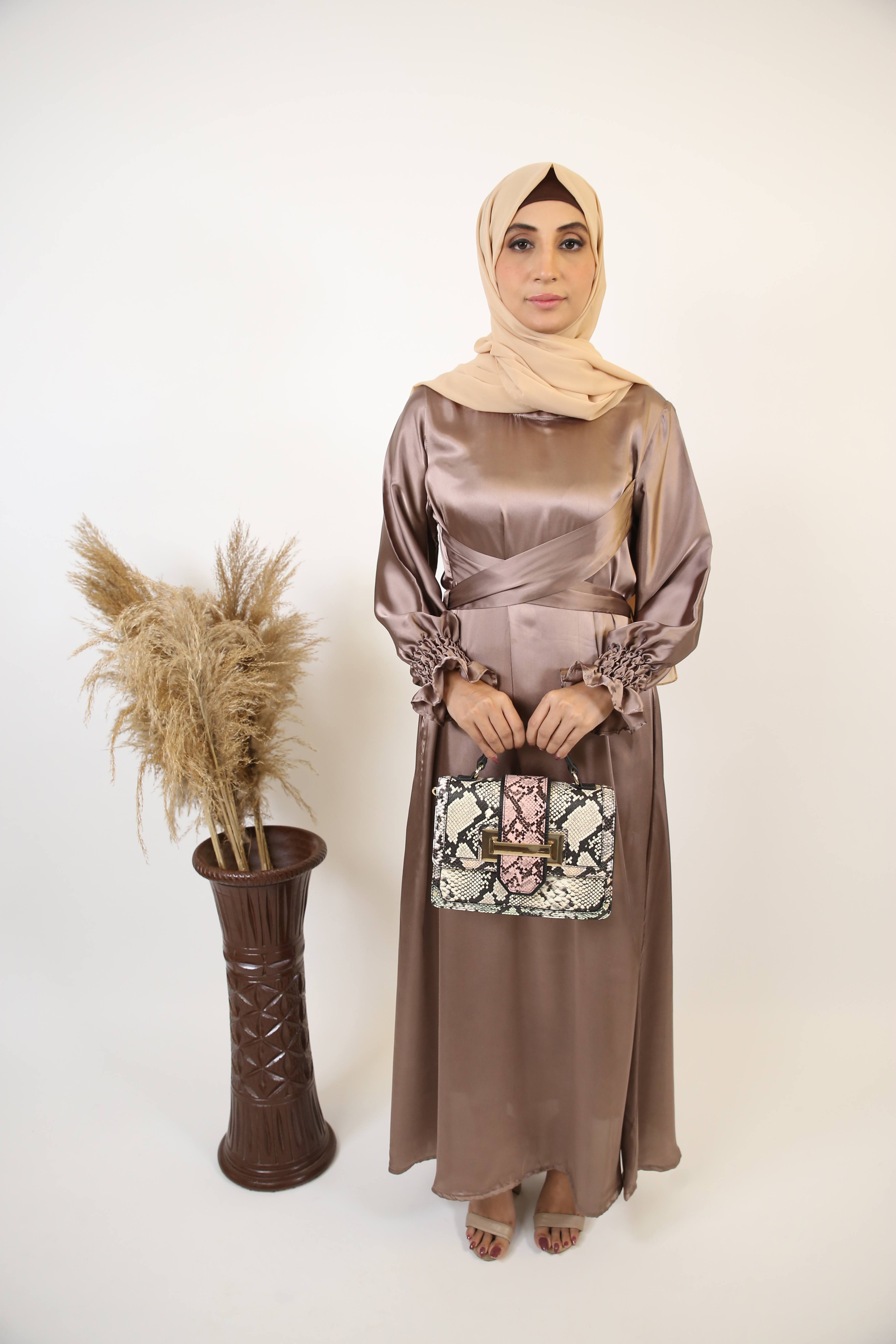 Amlass- Stunning Satin maxi dress with wrap around belt and ribbed sleeves- Earthy Beige