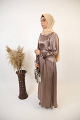 Amlass- Stunning Satin maxi dress with wrap around belt and ribbed sleeves- Earthy Beige