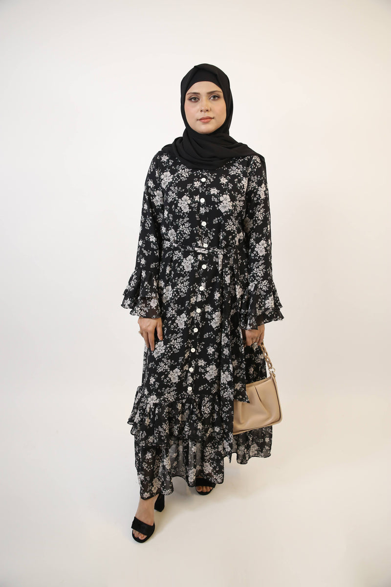 Najam- Graceful Chiffon lined Black and White floral printed maxi dress with fish cut design and layered sleeves with matching belt
