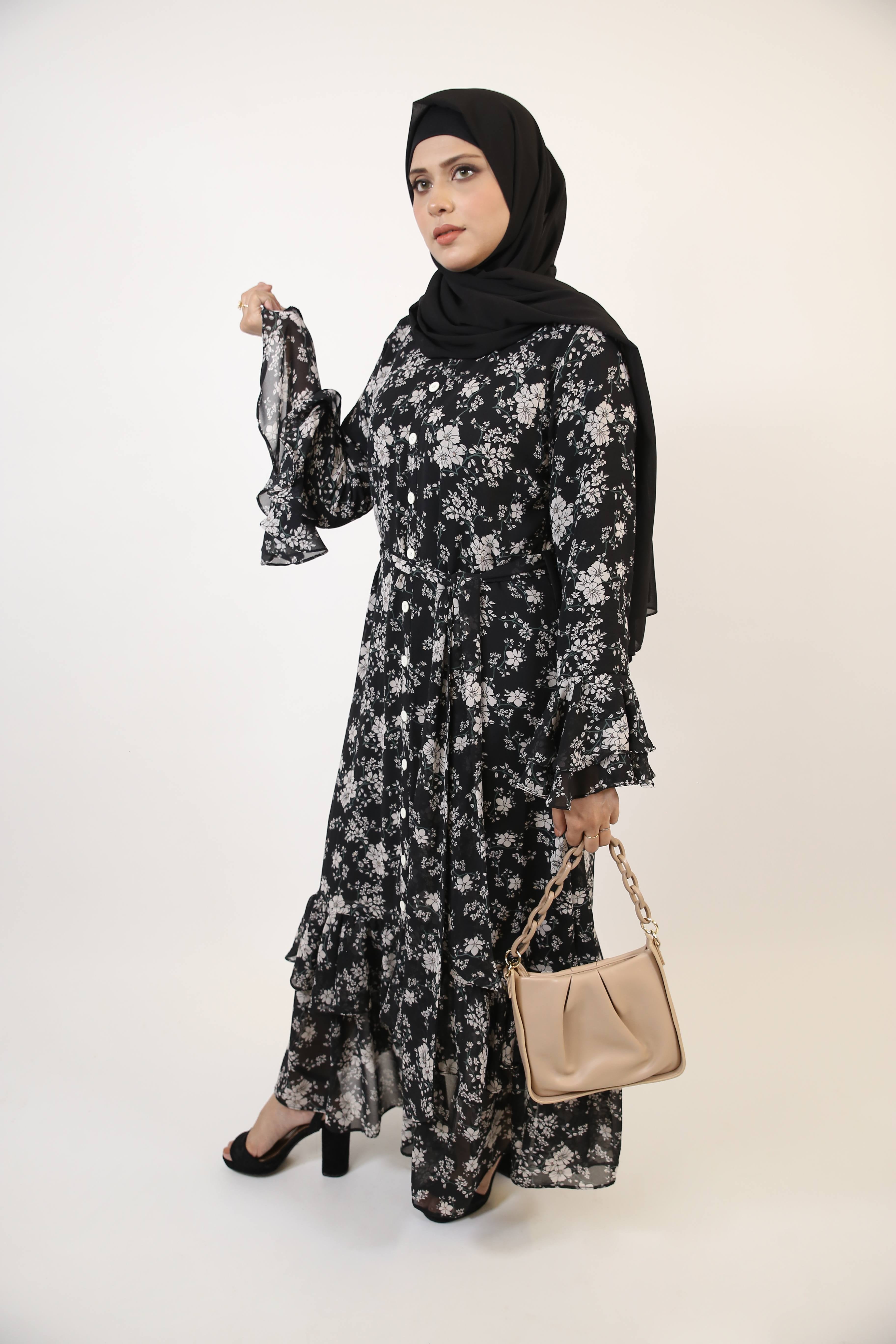 Najam- Graceful Chiffon lined Black and White floral printed maxi dress with fish cut design and layered sleeves with matching belt