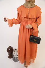 Nahas- Exquisite chiffon fully lined maxi dress with collar detailing and layered hem- Copper Orange