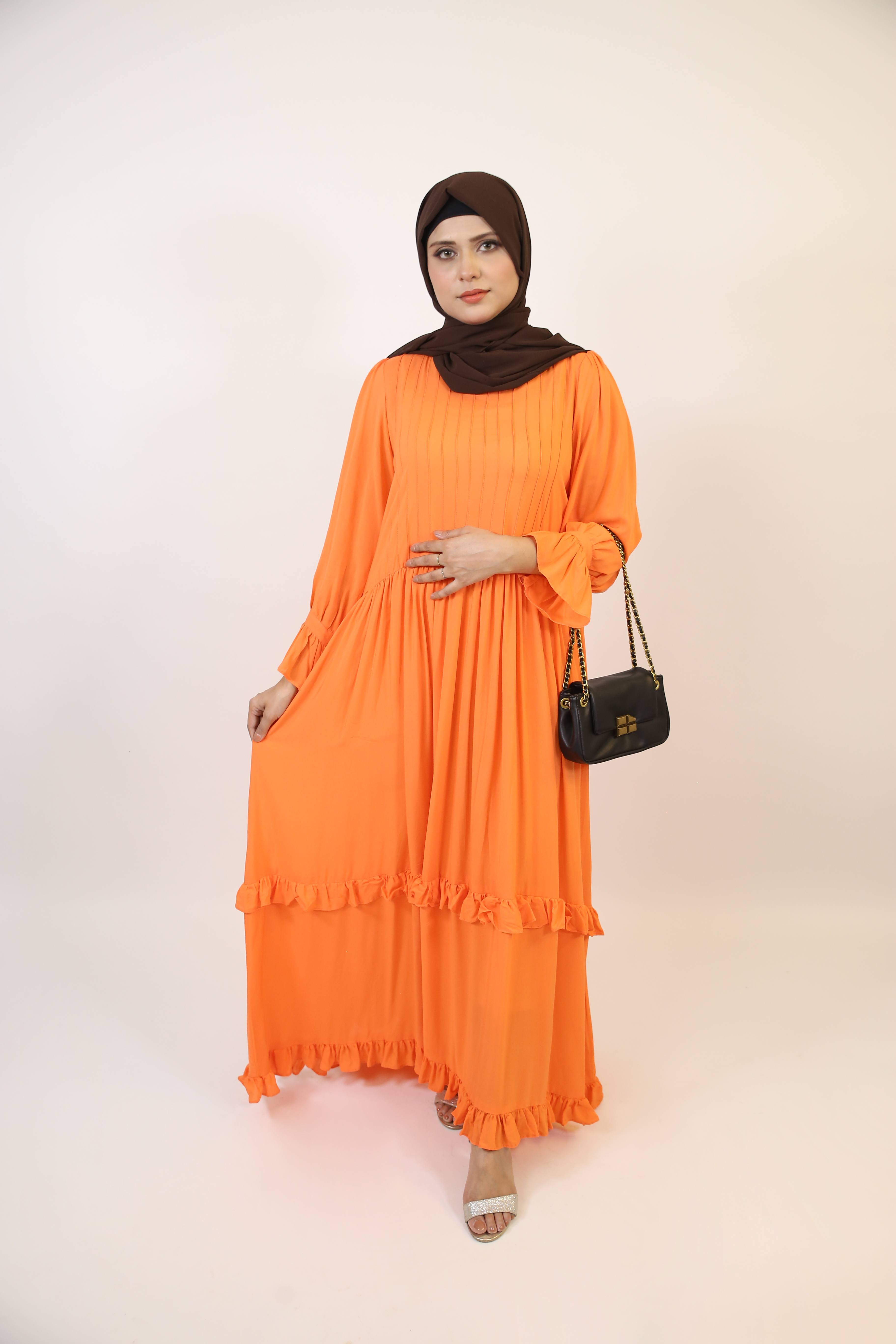 Samahah- Graceful Linen maxi dress with pintuck pleats and ruffled hem-Pumpkin Orange