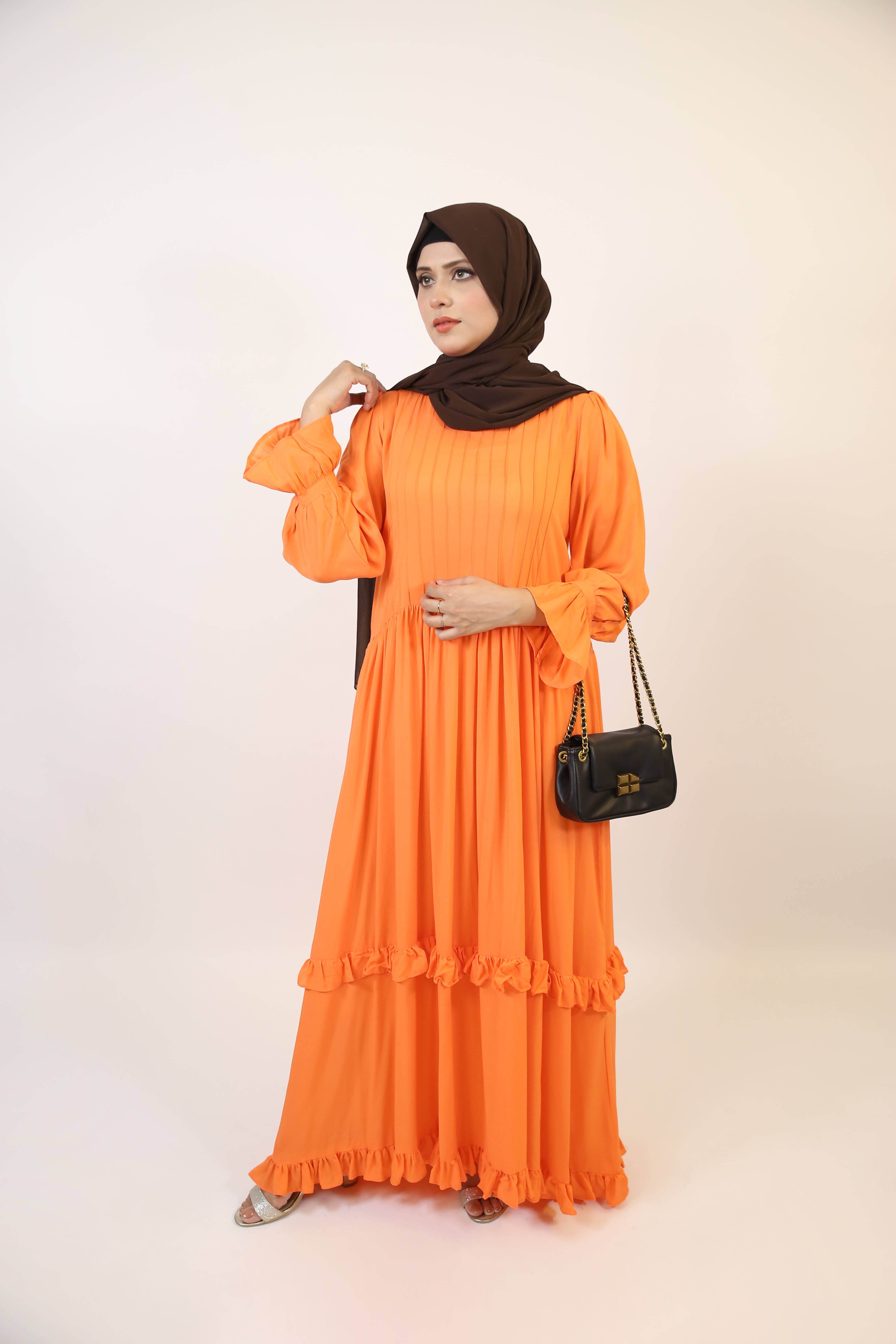 Samahah- Graceful Linen maxi dress with pintuck pleats and ruffled hem-Pumpkin Orange